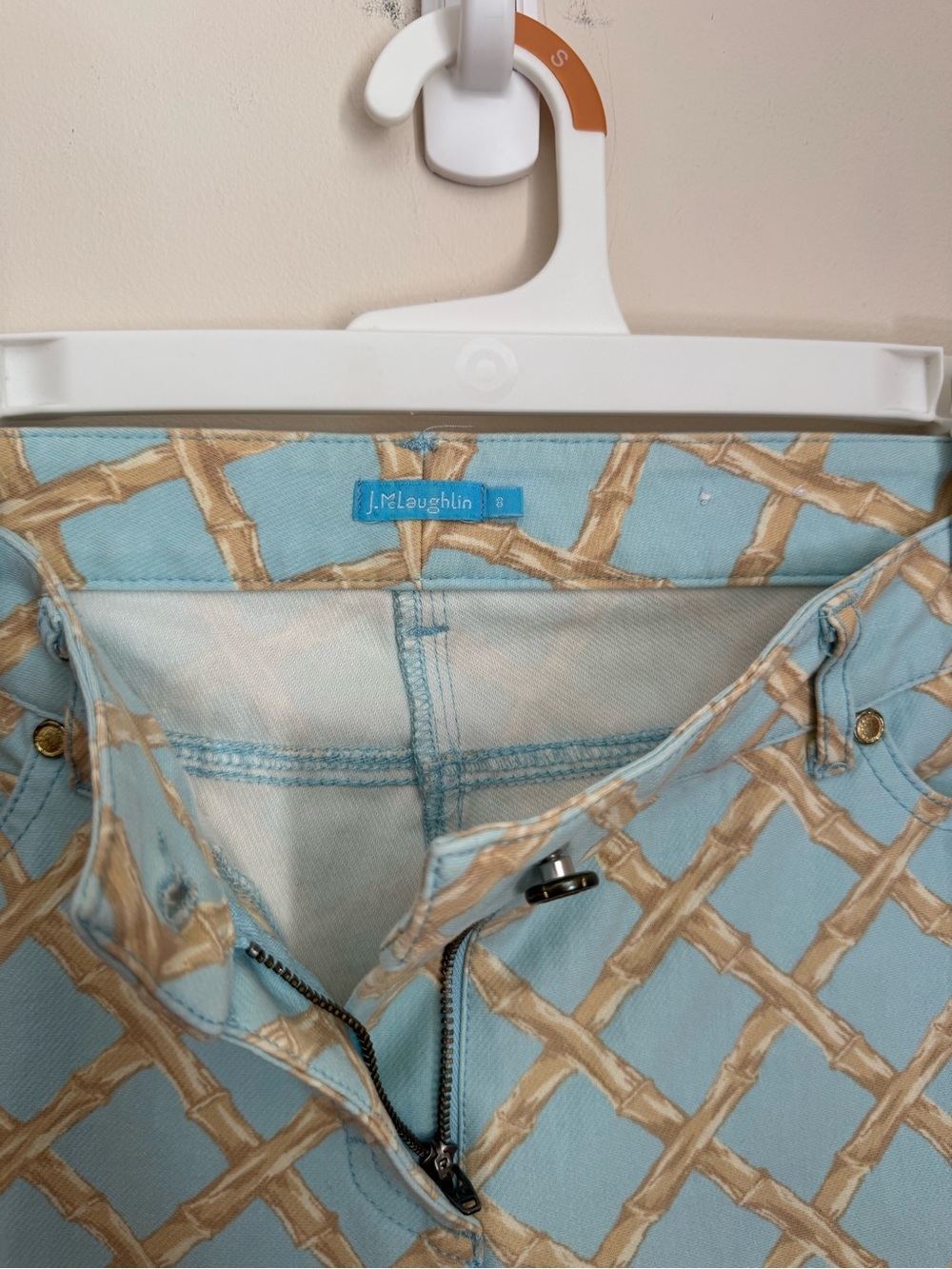 J.McLaughlin Bamboo Print Skinny Jeans Women’s Size 8 Blue Tan Stretch Coastal - Picture 5 of 7